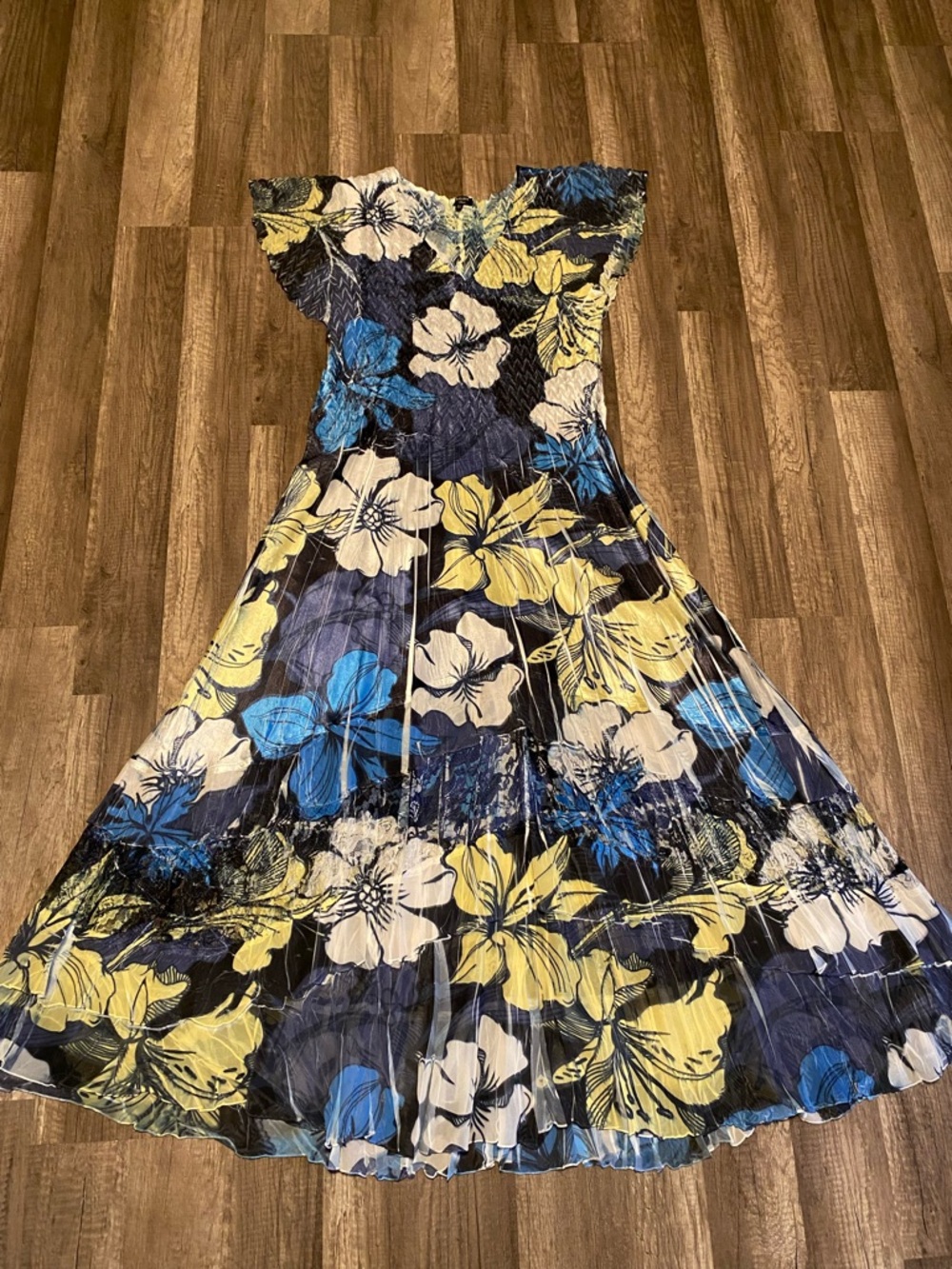 Komarov Navy Blue, Yellow and White Floral Maxi Dress